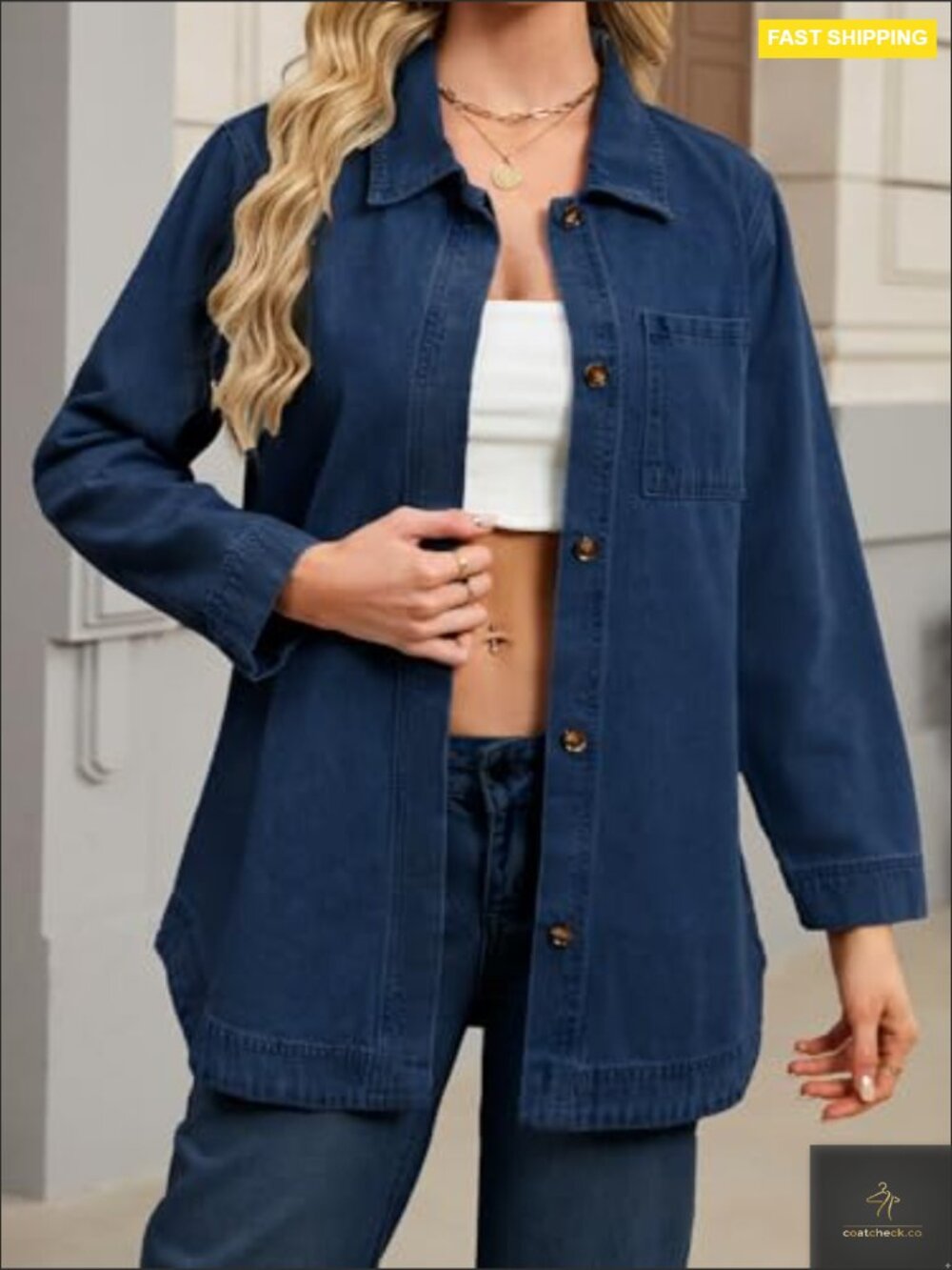 Vintage Washed Denim Jacket Oversized Long Sleeve Button Down Shacket with Tie - Picture 4 of 7
